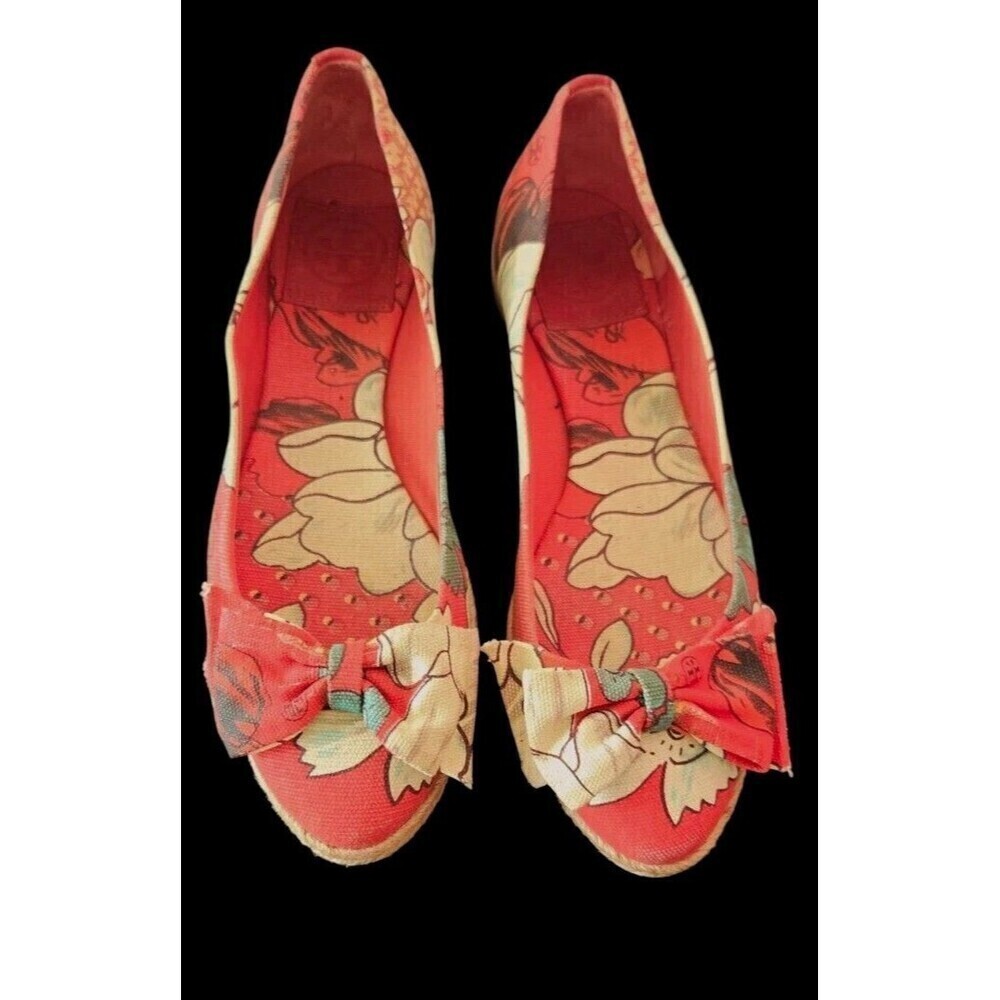 Tory Burch Tasmin Red Floral Print Espadrille Flats Canvas Jute Sole Women's 7B